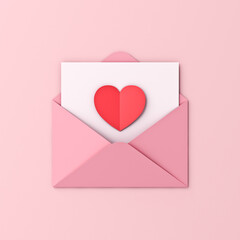 Love letter red heart origami on white paper in pink envelope isolated on pink pastel color background with shadow minimal conceptual 3D rendering