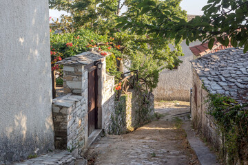 Narrow, cobbled streets of a mountain village of Pinakates (South Pelion, Greece)