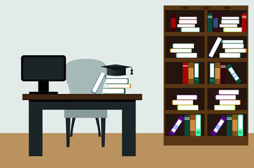 desk with computer indoors. the books on the table. student's computer desk. vector illustration, eps 10.