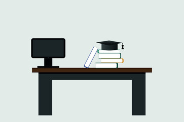 table with computer and books. student's computer desk. vector illustration, eps 10.