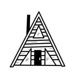 Vector wood cabin doodle illustration. Hand drawn forest hut with triangle roof. Outline wooden house sketch drawing