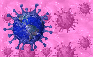 Planet Earth threatened attacked by the COVID-19 pandemic, pink/red shades background made of virus. Space for adding text.