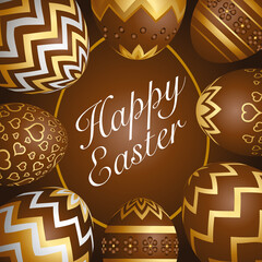 Carte ou affiche pour Pâques avec un ensembles d’œufs 3D décorés en or et blanc, sur un fond couleur chocolat - texte anglais.