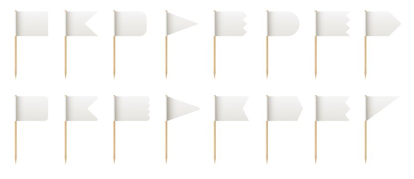 Wooden toothpick with white paper flag shapes for food. Realistic little tooth pick sticks for lunch decoration. 3d small flags vector set