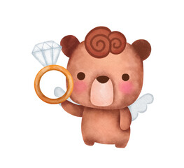 Fototapeta premium cupid brown bear with a diamond ring cartoon character icon logo symbol illustration doodle brown for Valentine's Day or love, heart ,will you marry me ,propose concept