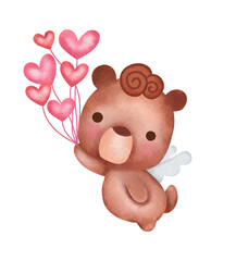 Obraz premium cupid brown bear with a pink balloons cartoon character icon logo symbol illustration doodle brown for Valentine's Day or love, heart concept