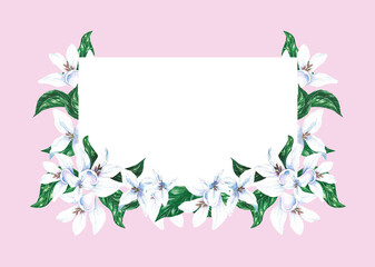 Fototapeta premium floral frame white flower and leaves for Invitation greeting card with floral background. Wedding invitation, thank you card, save the date cards, valentine's card,