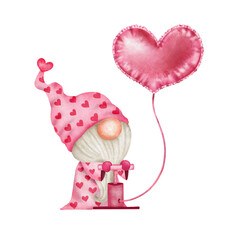 Gnome valentine heart in love for Valentine's Day watercolor style with clipping path 