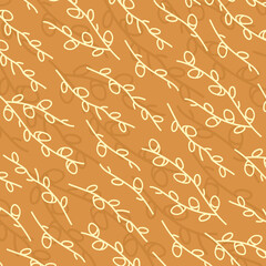 Decorative willow branches in yellow on a brown background. Stylized abstract plants. Flat vector illustration.