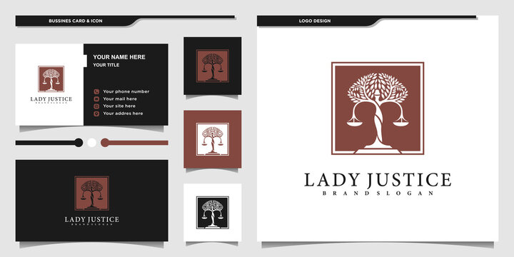 Modern Lady lawyer logo justice design template and business card design Premium Vector
