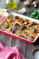 Baked chicken and mushrooms in a creamy sauce. French cuisine. Fricassee.
