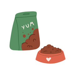 Pets yummy dry food. Cat food vector illustration. Red owls with snack. Package with feeding for dogs or cats. Pet shop or store icon