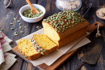 Pumpkin bread with seeds. Baking. Vegetarian food. Cake.