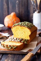 Obraz na płótnie Canvas Pumpkin bread with seeds. Baking. Vegetarian food. Cake.