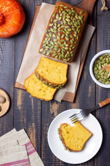 Pumpkin bread with seeds. Baking. Vegetarian food. Cake.