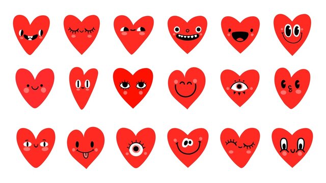 Cartoon red heart characters with funny faces emoticon. Valentine day symbol. Cute romantic hearts with eyes for logo or sticker vector set