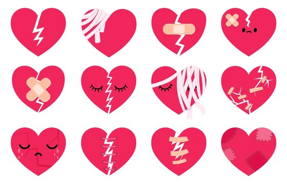 Broken sad hearts with tears, cracks, aid bandages and stitches. Heartbreak, divorce and relationship breakup symbol characters vector set