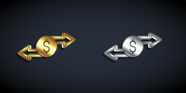 Gold and silver Money exchange icon isolated on black background. Cash transfer symbol. Banking currency sign. Long shadow style. Vector
