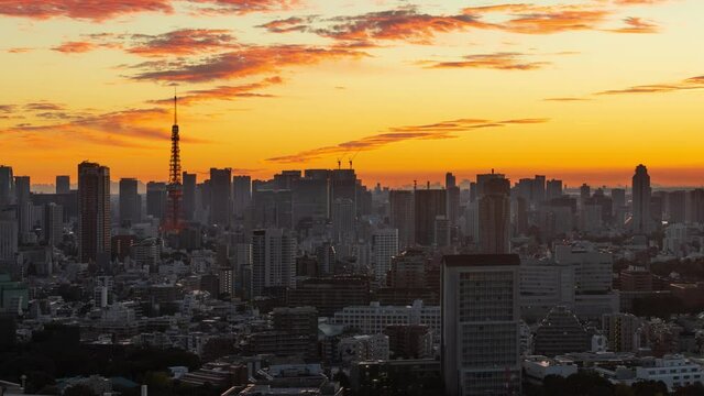 Time Lapse of the densely packed buildings of Tokyo Japan at Dawn