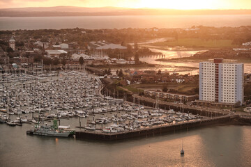 Aerial view of Haslar Marina with Gosport amd Ilse of Wight in the distance