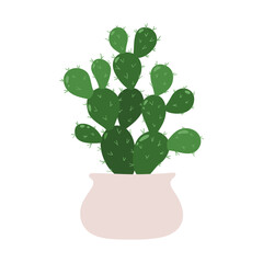 Cactus opuntia. Vector illustration of a houseplant in a pot. Isolated on white background.