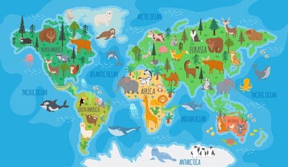 Fototapeta premium .Cartoon world map for kids nursery with forest animals. Children geography education with europe, asia, australia and america vector poster