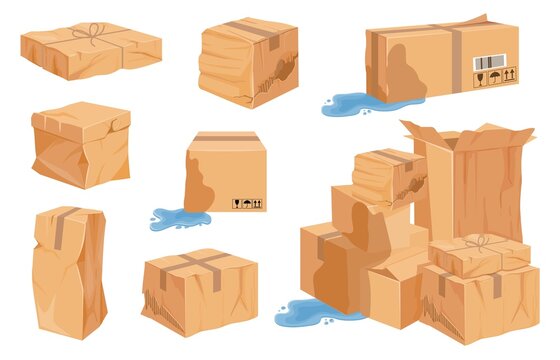 Cartoon damaged, torn and wet cardboard delivery boxes and piles. Crumpled crushed cargo carton package and parcels. Bad shipping vector set