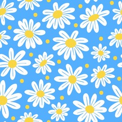 Cartoon chamomile seamless pattern, daisy floral print. Cute white yellow meadow flowers. Natural spring decoration. Camomile vector texture