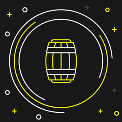 Line Wooden barrel icon isolated on black background. Alcohol barrel, drink container, wooden keg for beer, whiskey, wine. Colorful outline concept. Vector