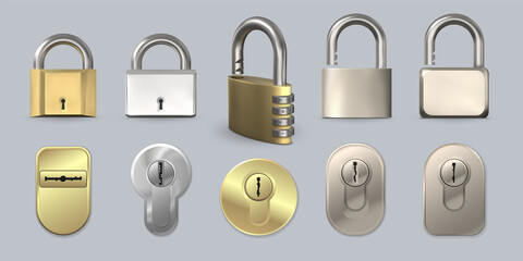 Realistic modern metal and golden safe locks and door keyholes. 3d code padlock with number combination. Secure key hole and lock vector set