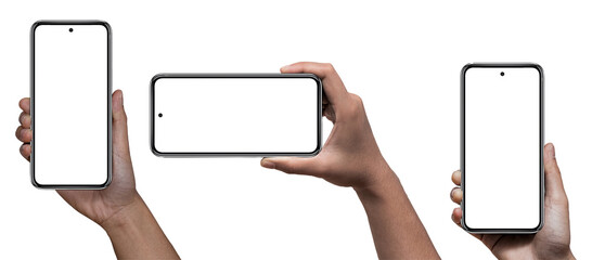 Hand holding, New version of black slim smartphone similar to iphone 14 with blank white screen from Apple generation 10 , Front mockup model similar to iPhonex , Background of digital - Clipping Path