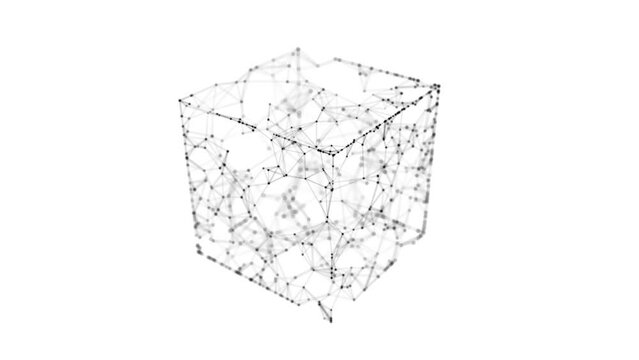 Abstract wireframe cube. Digital blockchain concept. Futuristic white background with dots and lines. 3D rendering.