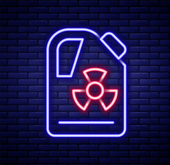 Glowing neon line Radioactive waste in barrel icon isolated on brick wall background. Toxic refuse keg. Radioactive garbage emissions, environmental pollution. Colorful outline concept. Vector