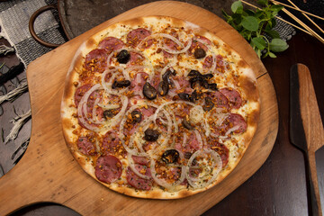 Brazilian pizza with pepperoni, cheese, onion and black olive