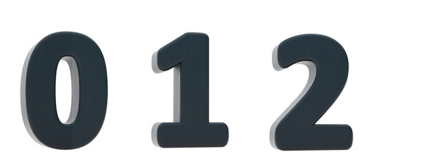 Black rubber. Numbers 0, 1, 2. Alphabet 3d render. Isolated in white background. Path save.