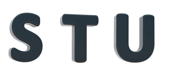 Black rubber. Letters S, T, U. Alphabet 3d render. Isolated in white background. Path save.
