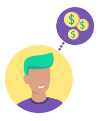 A person dreams of money. Male avatar and dollar coins in a circle. Man thinks about business idea or financial problem. Flat cartoon illustration isolated on white background. Vector template. 