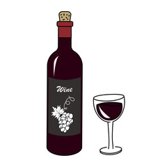 A bottle of red wine and a glass. Doodle style. Vector graphics.