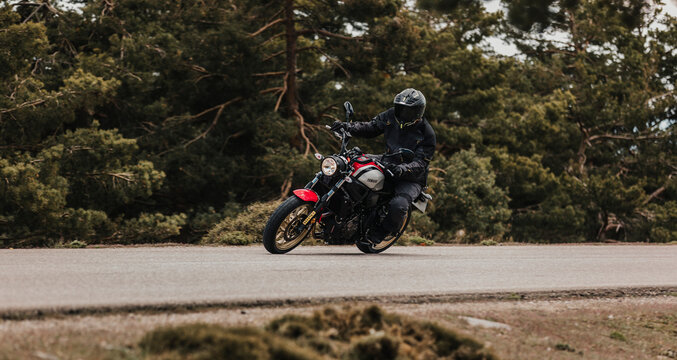 Calar Alto, Spain - May 5th 2021: Man riding a Yamaha XSR700 motorcycle in a mountain rage road, during Dunlop Xperience event in Almería, Spain.
