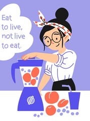 Woman preparing fresh healthy smoothies from different fruits and berries, diet menu, proper nutrition.