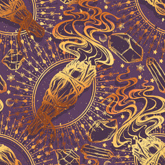 Vector illustration, Magical Smudge Sticks and crystals, Alchemy, spirituality and occultism, magic symbol, Handmade, dark  background, seamless pattern