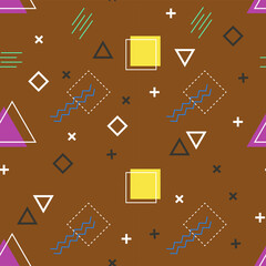 abstract seamless pattern on brown background multicolored pink and yellow geometric shapes