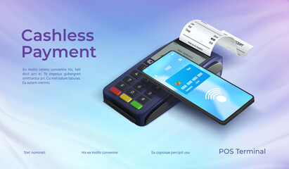 Cashless phone payment technology poster with pos terminal. Wireless pay system. Realistic bank cashier device for business vector concept
