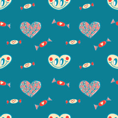 Vector pattern for Valentine's Day, heart with a smile, candy, Love in the style of the 80s, pattern for postcards, posters, fabrics, print on clothes.