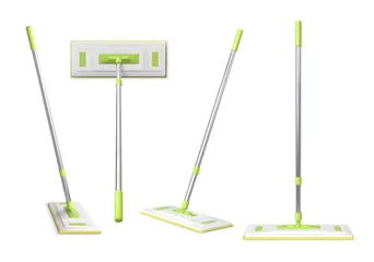Fotobehang Realistic 3d floor cleaning mop with rag and plastic handle. Home surface clean up tool top and side view for product ad. Mops vector set © Tartila