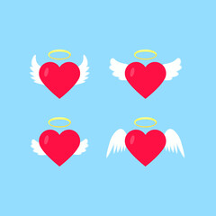 Cute set of red hearts with angel wings on a blue background.