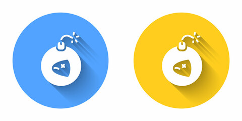 White Bomb ready to explode icon isolated with long shadow background. Circle button. Vector