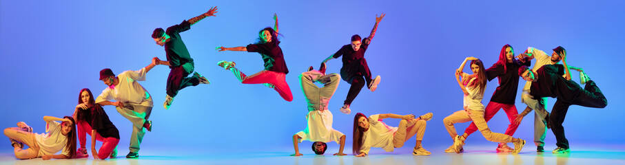 Collage. Young active people dancing contemp, hip-hop in casual cloth isolated over blue background in neon light