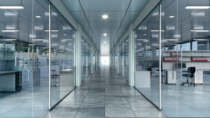 Light long hallway in laboratory interior. 3d illustration
