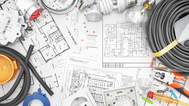 Electrical components on a blueprint background. 3d illustration